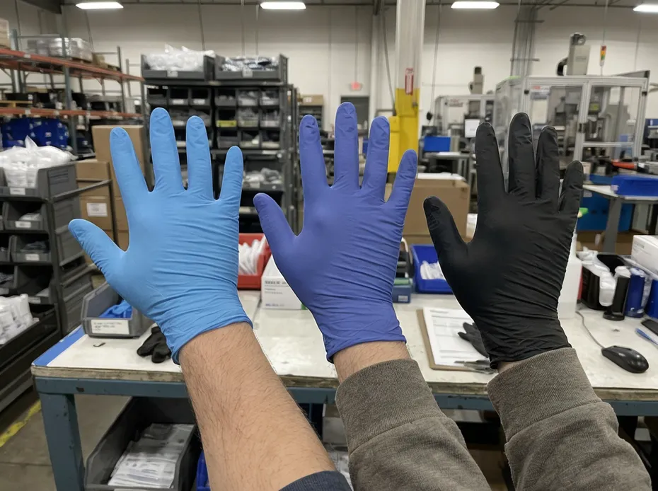 Indigo nitrile glove color positioning between standard blue and black