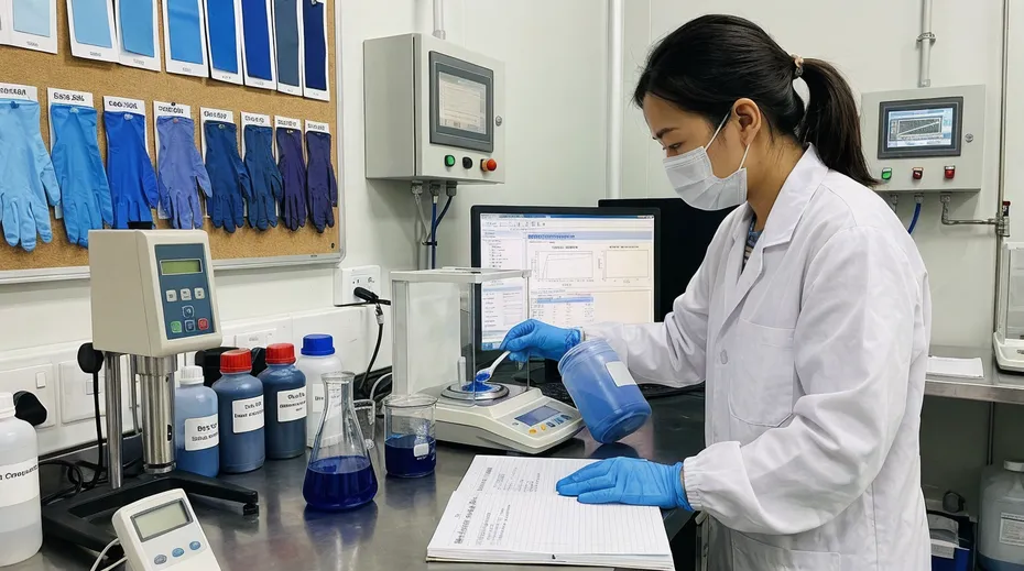 Compounding lab controlling indigo nitrile glove pigment formulation for consistent color across production runs
