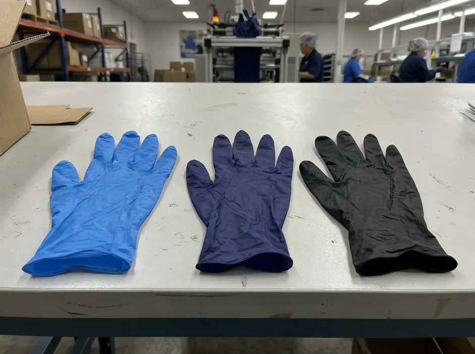 Indigo nitrile glove color comparison — near-navy shade between standard blue and black