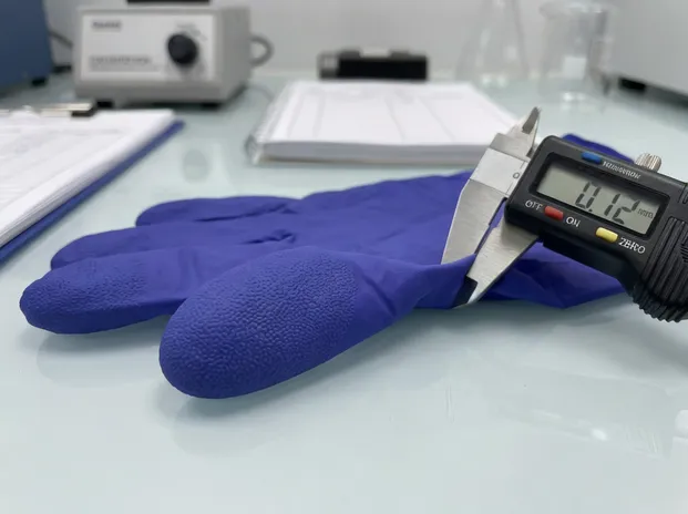 Indigo nitrile glove technical detail — fingertip texture and thickness