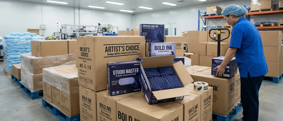 Premium private-label nitrile glove program — indigo OEM with custom carton artwork and branding