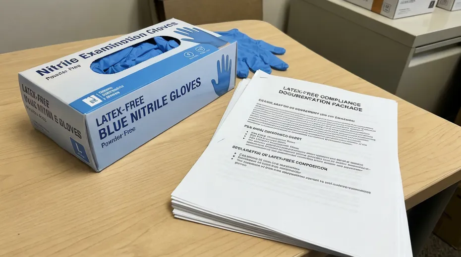 Latex-free labeled nitrile glove box with compliance documentation