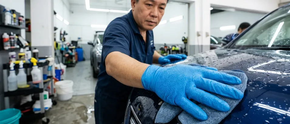 Automotive detailer using full-palm textured nitrile gloves on a wet car panel