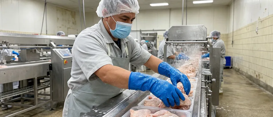 Food processing worker handling wet product with blue nitrile gloves