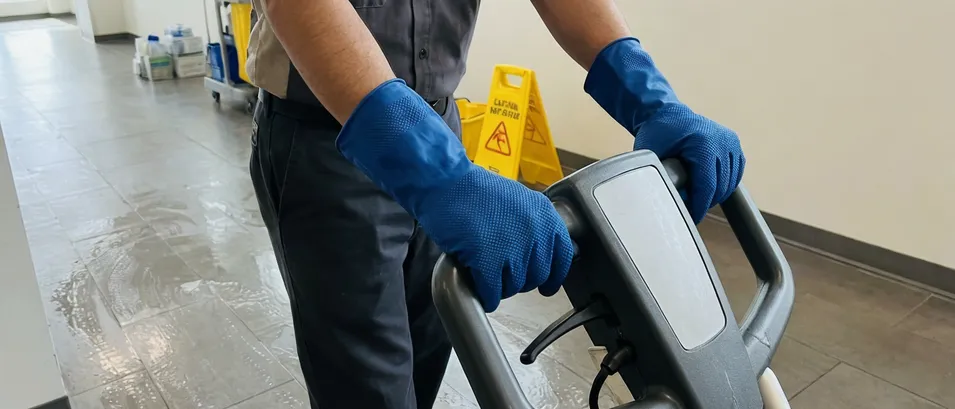 Commercial cleaner using nitrile gloves on wet floor surface