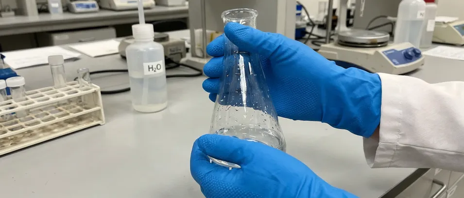 Lab technician gripping a wet glass flask with full-palm textured nitrile gloves