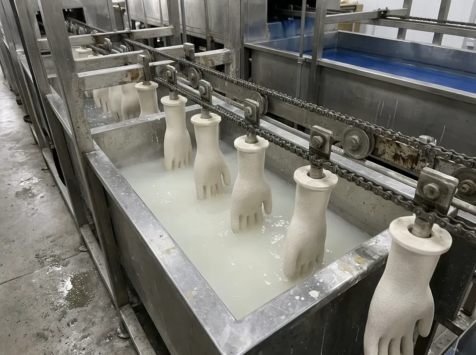 Ceramic hand formers in nitrile coagulant dipping process at glovemfg factory