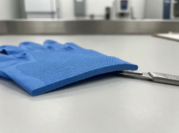 Cross-section showing full-palm micro-texture on blue nitrile glove wall