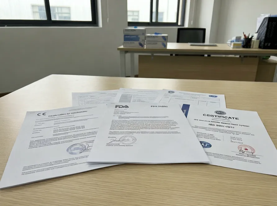 Nitrile glove certification documentation package including CE declaration, FDA 510(k), and ISO 9001 certificate