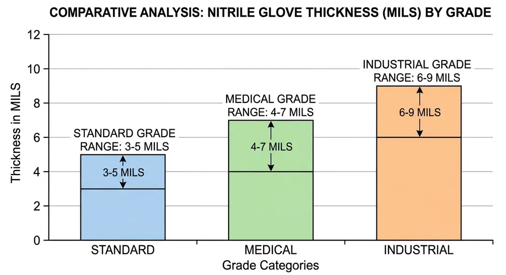Disposable nitrile glove thickness comparison chart showing mil ratings across medical, industrial, and standard grades