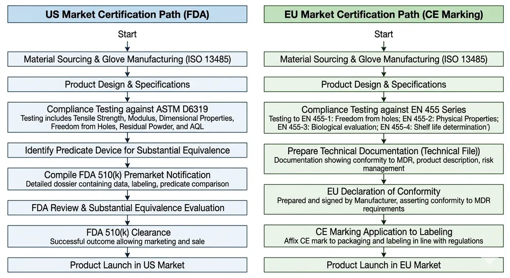 Certification pathway diagram for disposable nitrile gloves showing FDA 510k and ASTM D6319 for US market versus EN 455 and CE marking for EU market