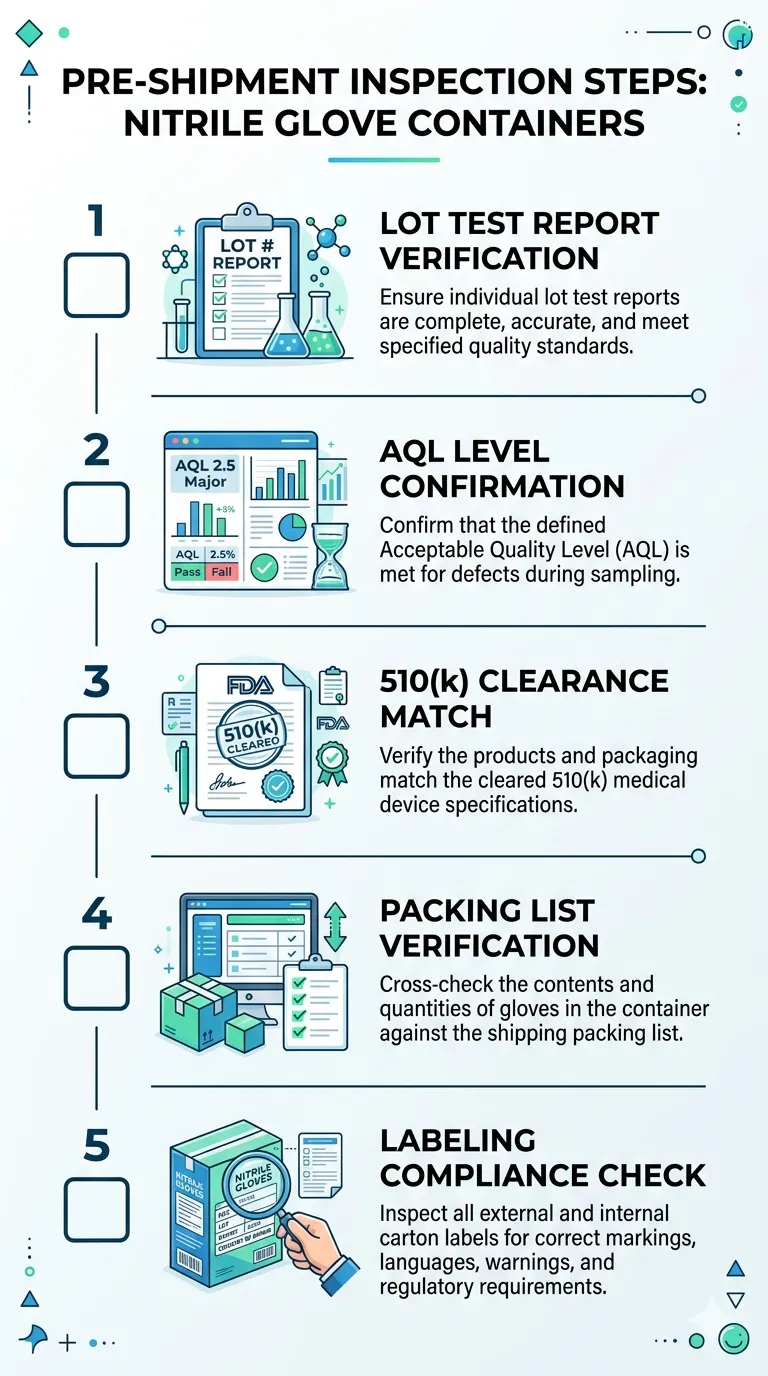 Pre-shipment inspection checklist for disposable nitrile gloves showing required documents for US import compliance