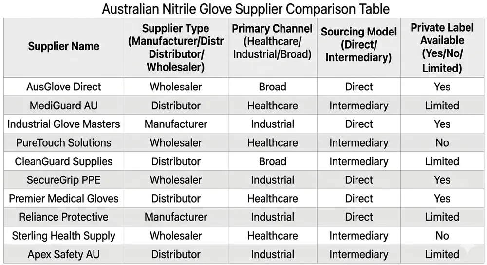 Comparison matrix of Australian nitrile glove suppliers by type, channel focus, and sourcing model