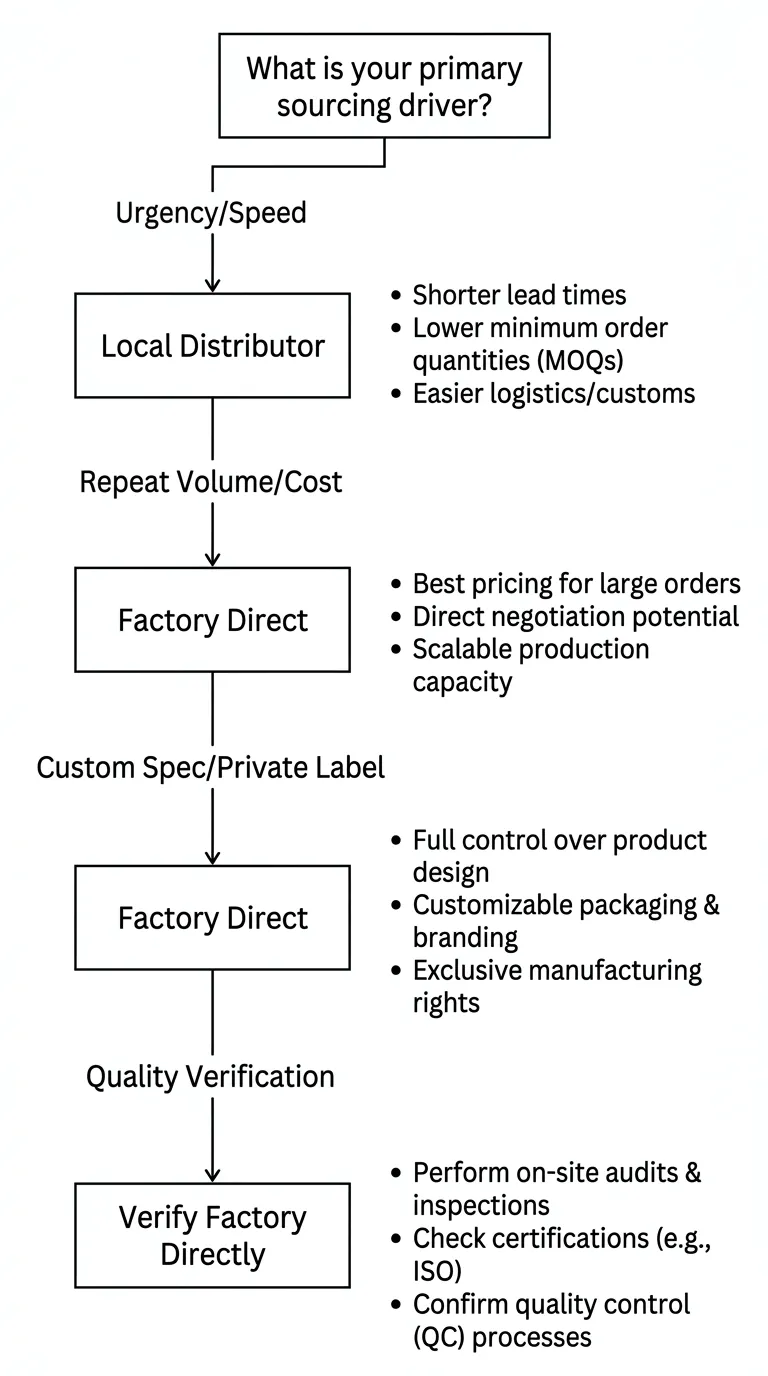 Decision flowchart for Australian distributors choosing between local supplier and factory-direct import for nitrile gloves