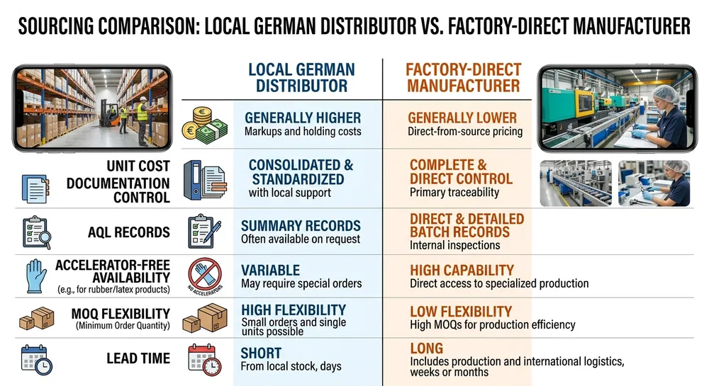 Cost and compliance comparison between local German distributor and factory-direct nitrile glove sourcing