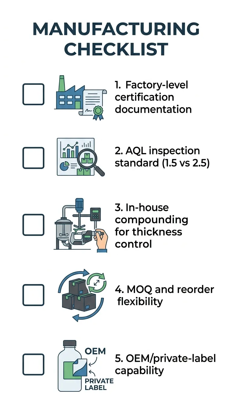Sourcing checklist for evaluating disposable nitrile glove suppliers on certification, QC, MOQ, and OEM capability