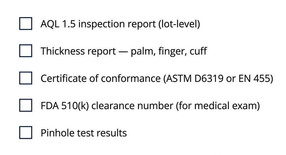 Nitrile Glove Import Documentation Checklist Sourcing checklist showing required documentation for disposable nitrile glove import compliance including AQL report, thickness measurement, and certificate of conformance