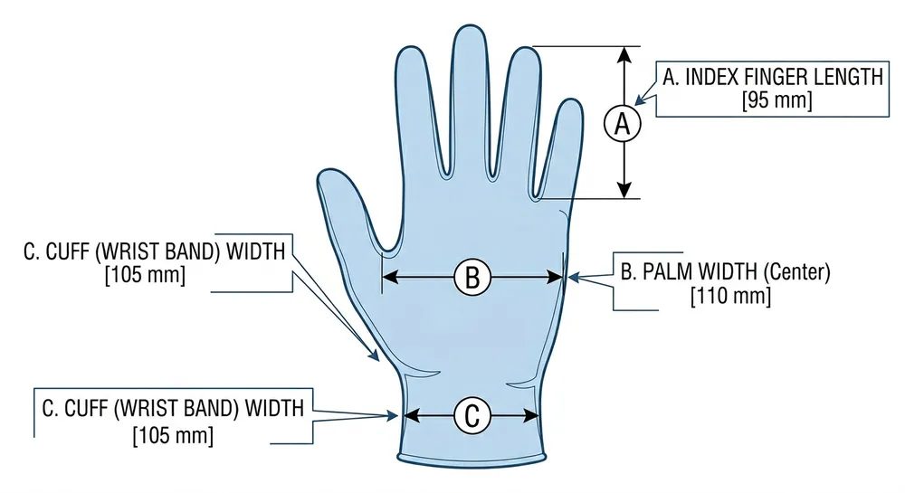 Diagram showing the three standard thickness measurement points on a disposable nitrile glove — palm, finger, and cuff