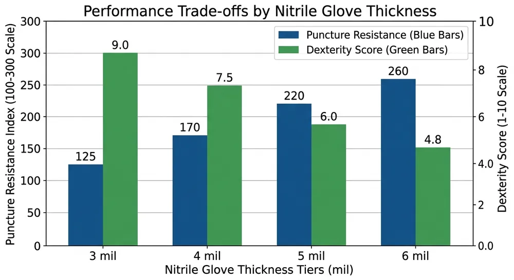 Nitrile Glove Thickness vs. Protection and Dexterity Bar chart comparing nitrile glove thickness tiers against puncture resistance and dexterity scores