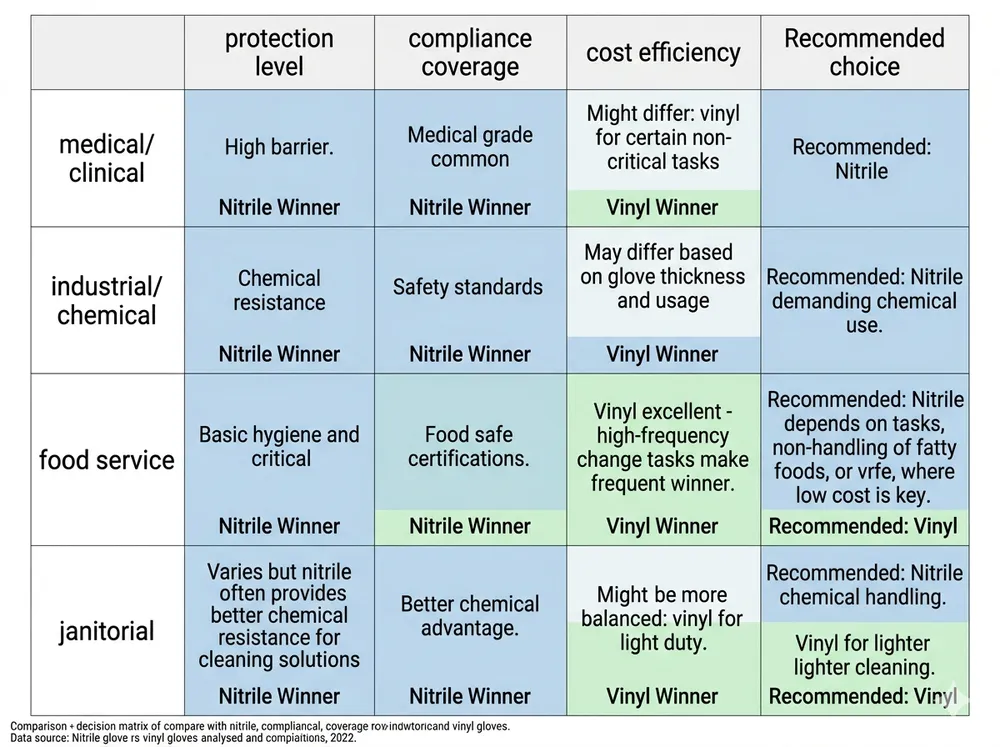 Decision matrix showing which disposable glove type wins across medical, industrial, food service, and janitorial application scenarios