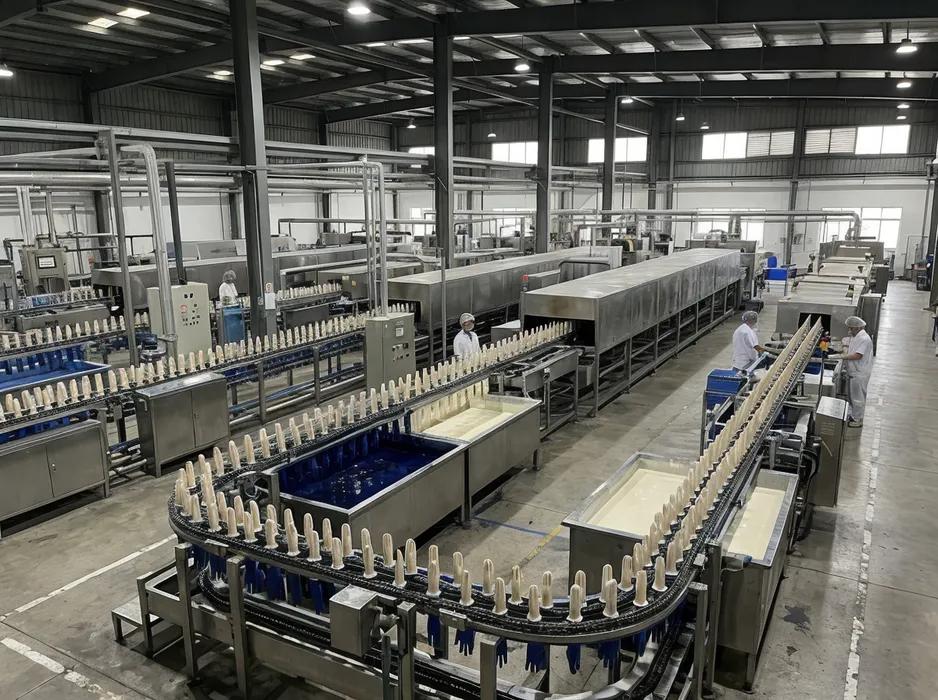 glovemfg factory floor with automated nitrile glove dipping lines