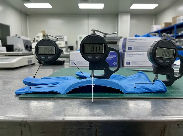 Cross-section view showing nitrile glove thickness at palm, finger, and cuff measurement points
