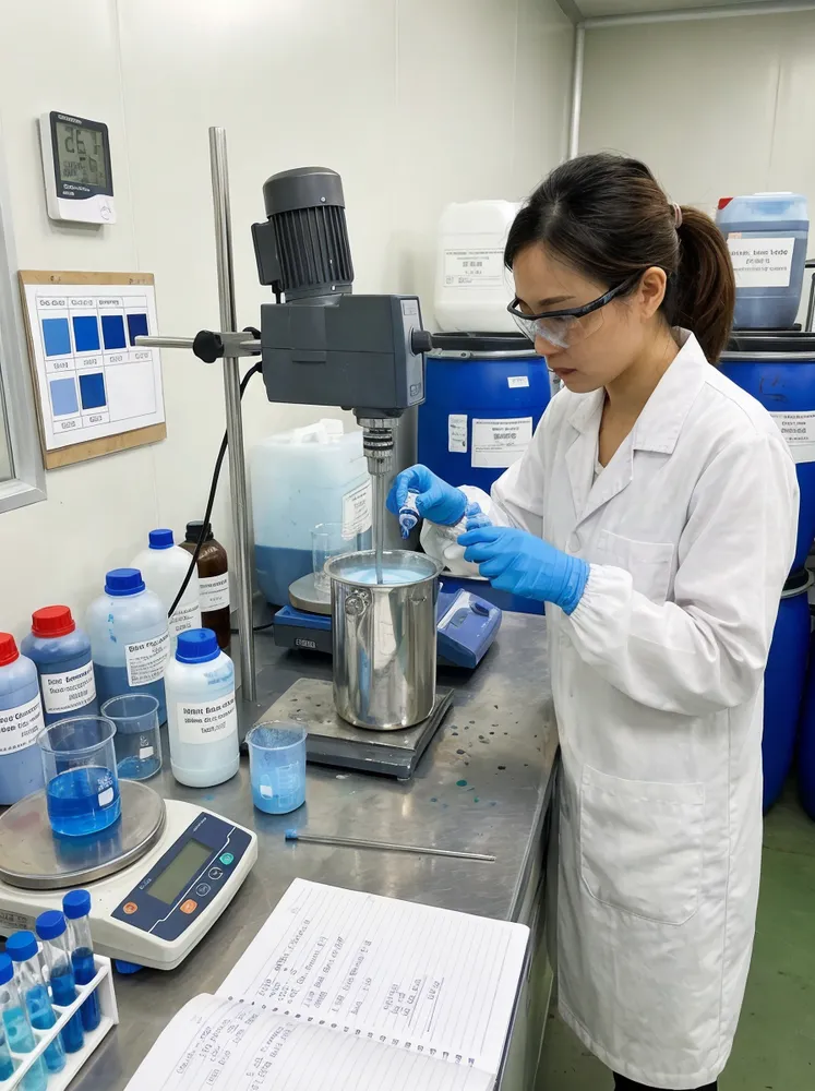 In-house compounding lab controlling blue pigment ratio for nitrile glove consistency