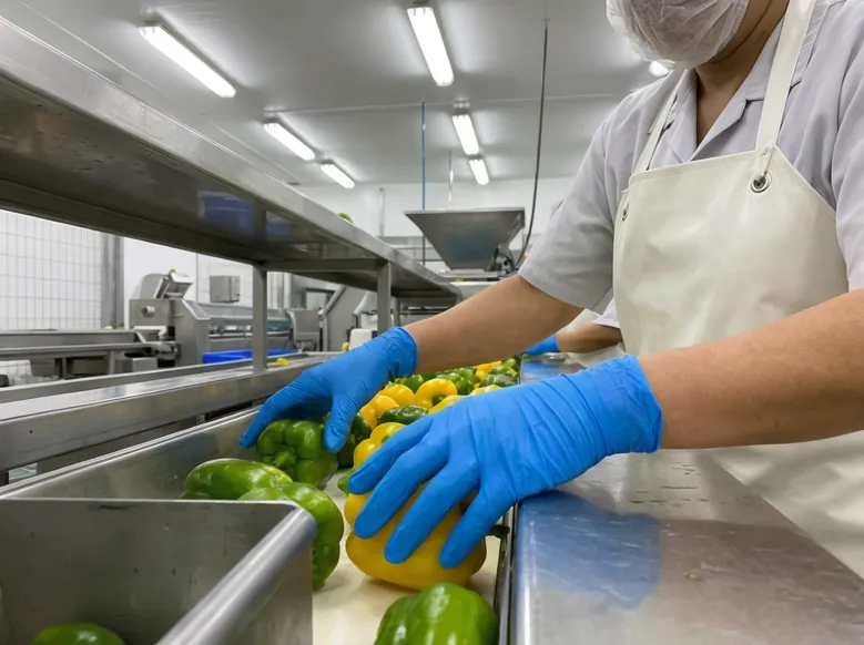 Blue nitrile gloves used in food processing under HACCP contamination control