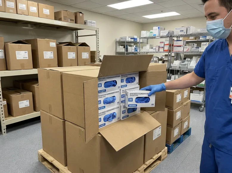 Hospital clinical supply distribution of blue nitrile examination gloves