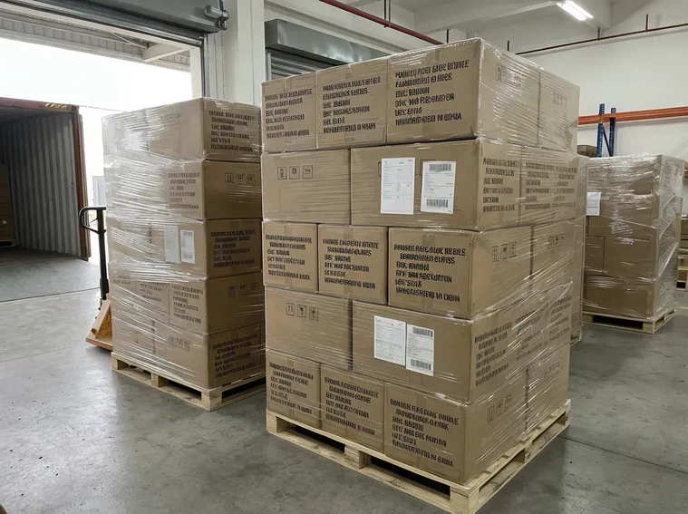 Blue nitrile glove cartons palletized for container loading