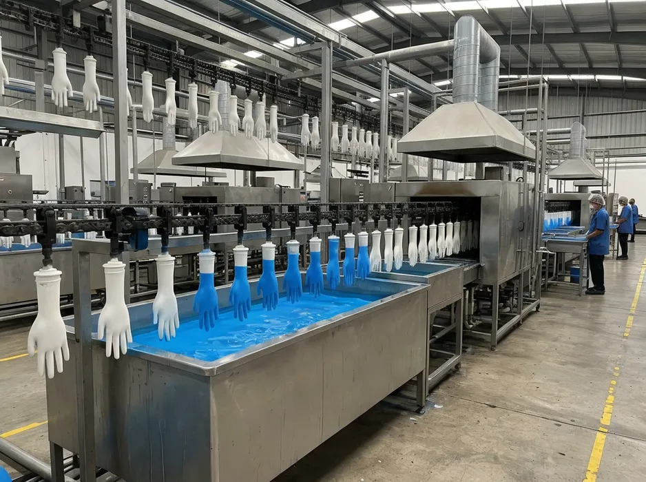 Powder free blue nitrile gloves manufactured on automated dipping lines at glovemfg factory