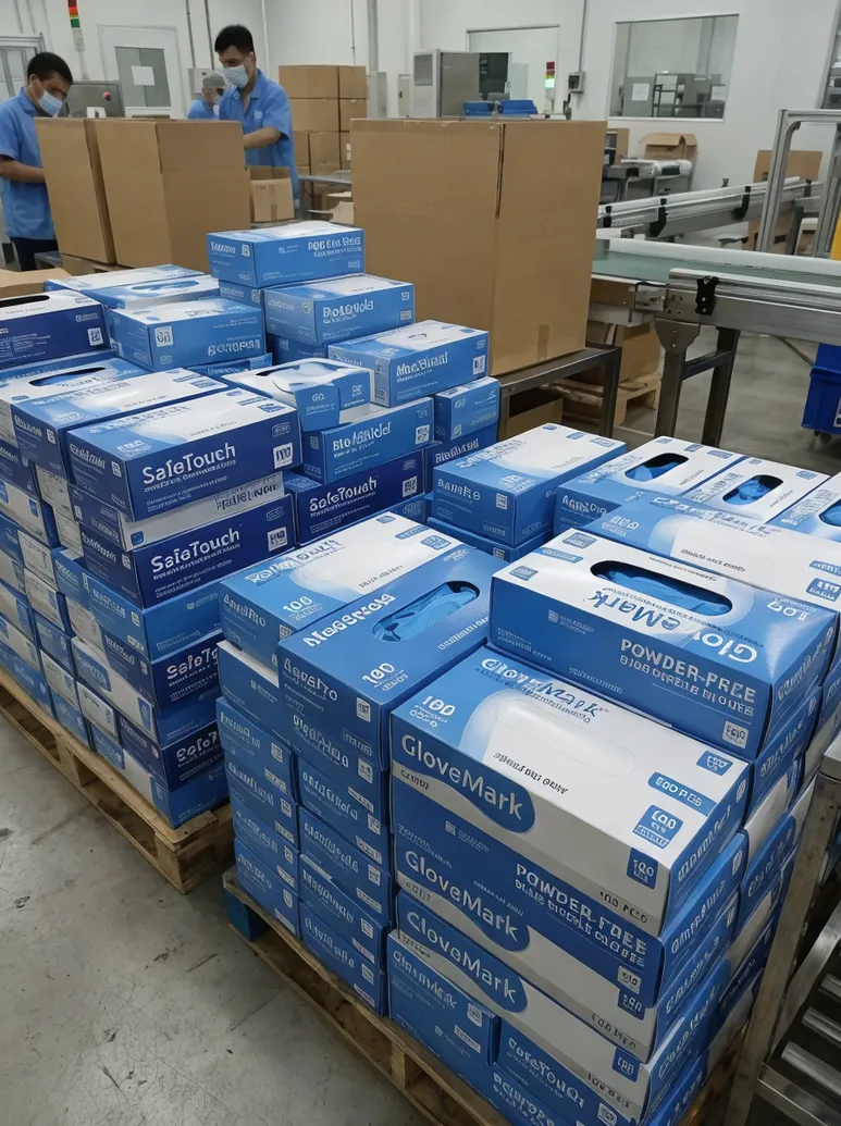 Private-label branded blue nitrile glove packaging produced at the same manufacturing facility