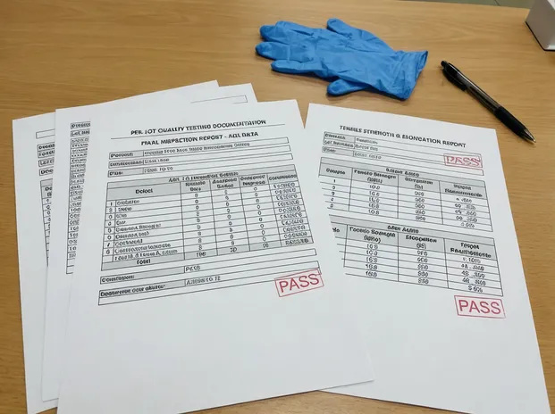 Per-lot quality testing documentation including AQL data and tensile strength reports