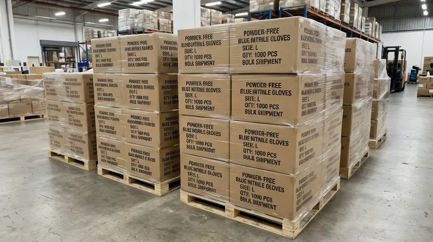 Powder free blue nitrile gloves ready for bulk shipment