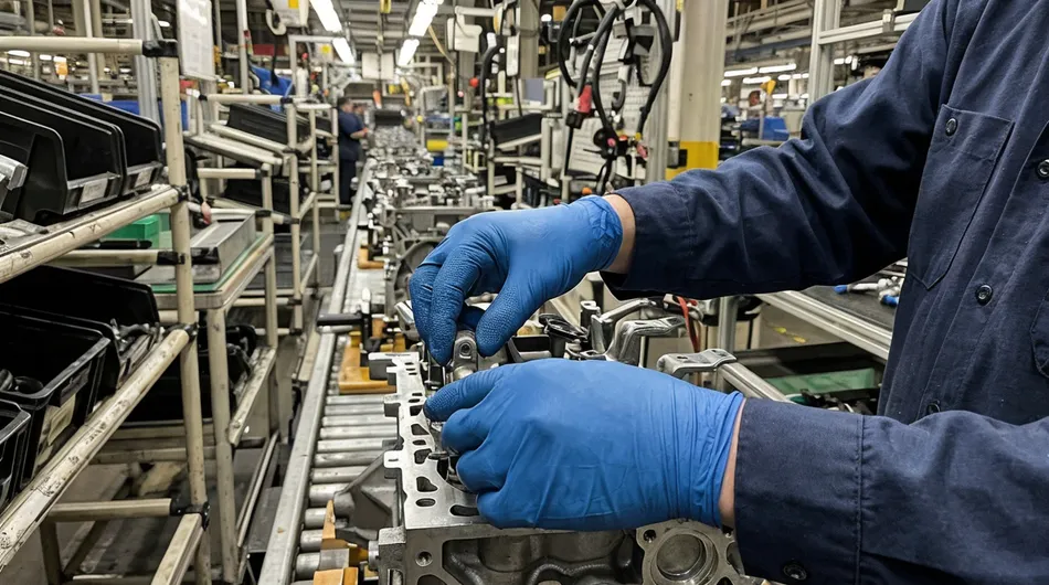 Automotive assembly line worker with textured fingertip nitrile gloves handling components