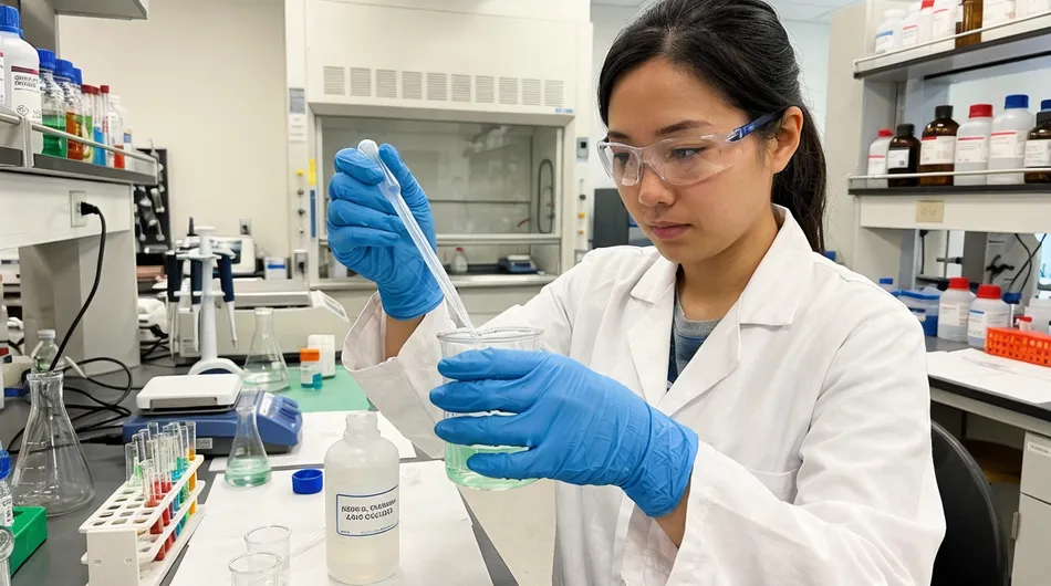 Laboratory technician handling chemicals with industrial nitrile gloves