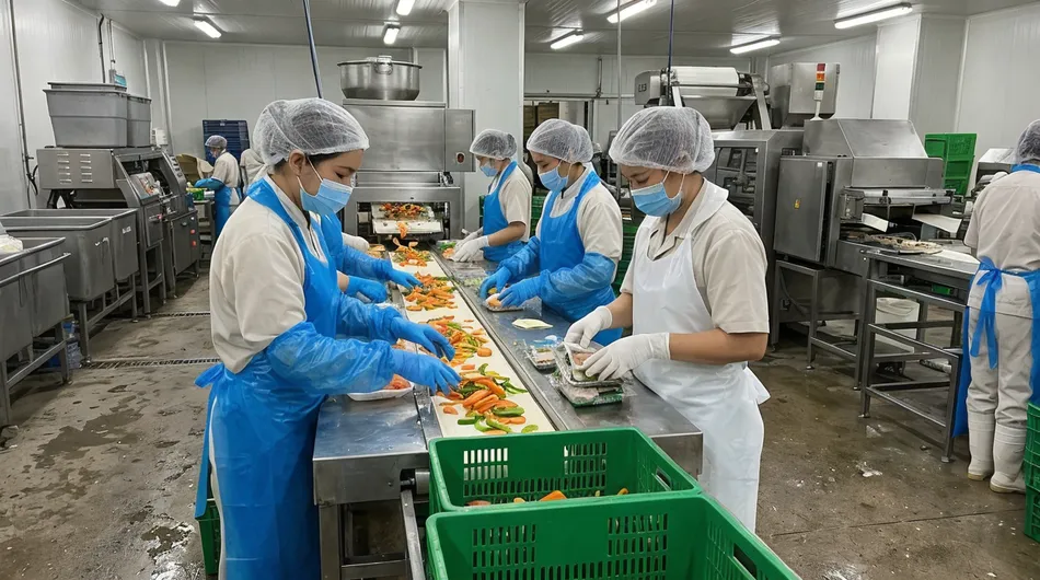 Food processing facility workers wearing powder-free nitrile gloves