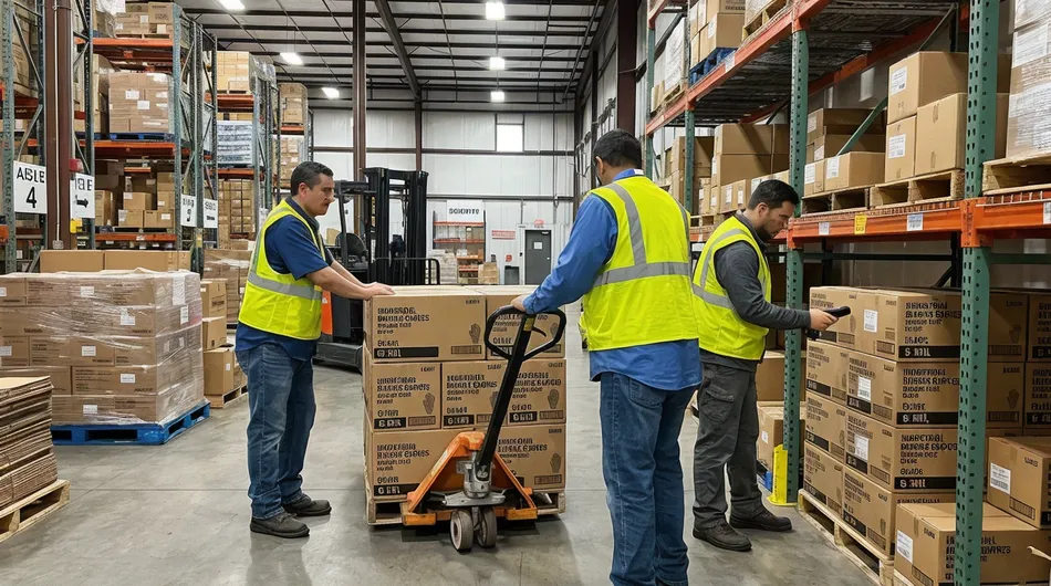 Industrial safety and MRO distribution warehouse with workers handling nitrile glove inventory
