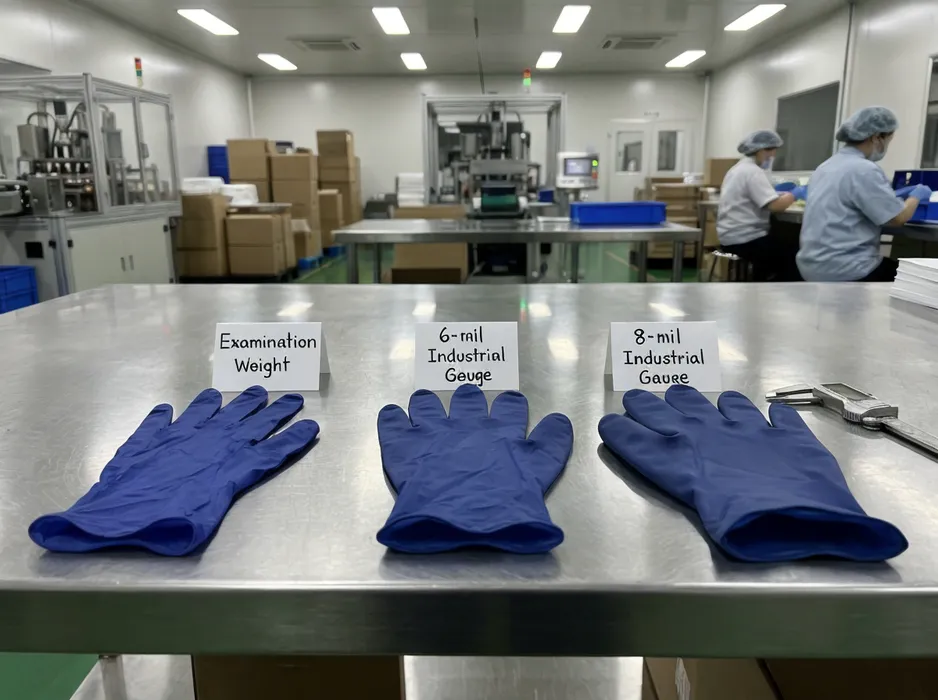 Industrial gauge nitrile glove thickness comparison — 6-mil vs 8-mil vs examination weight