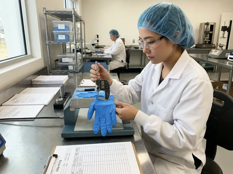 Quality control technician measuring nitrile glove thickness with precision instruments