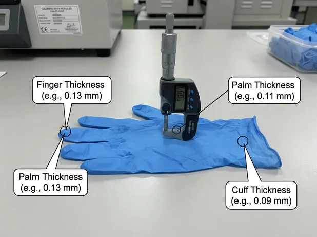 Nitrile glove thickness cross-section — palm, finger, and cuff measurement zones