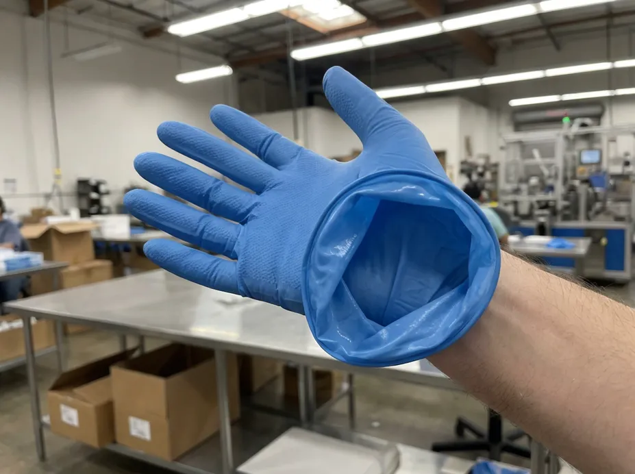 Chlorinated inner surface of powder free nitrile glove enabling clean donning