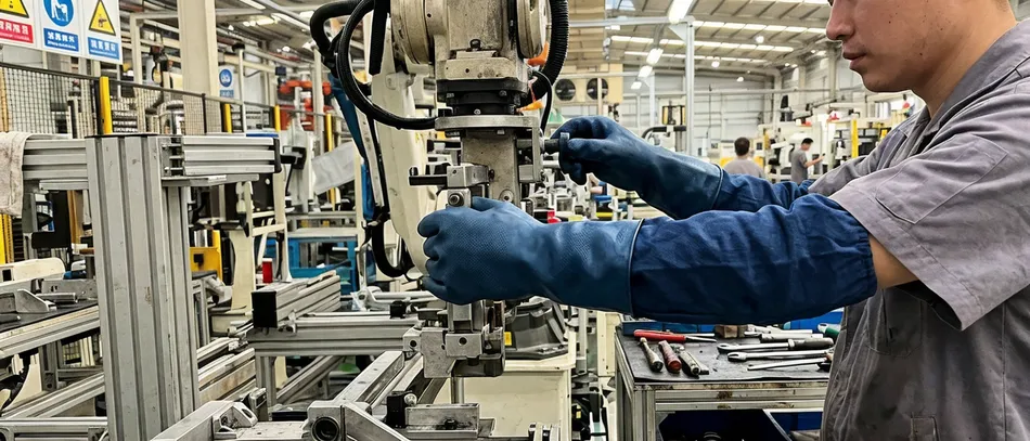 Heavy-gauge industrial nitrile gloves for chemical and automotive use