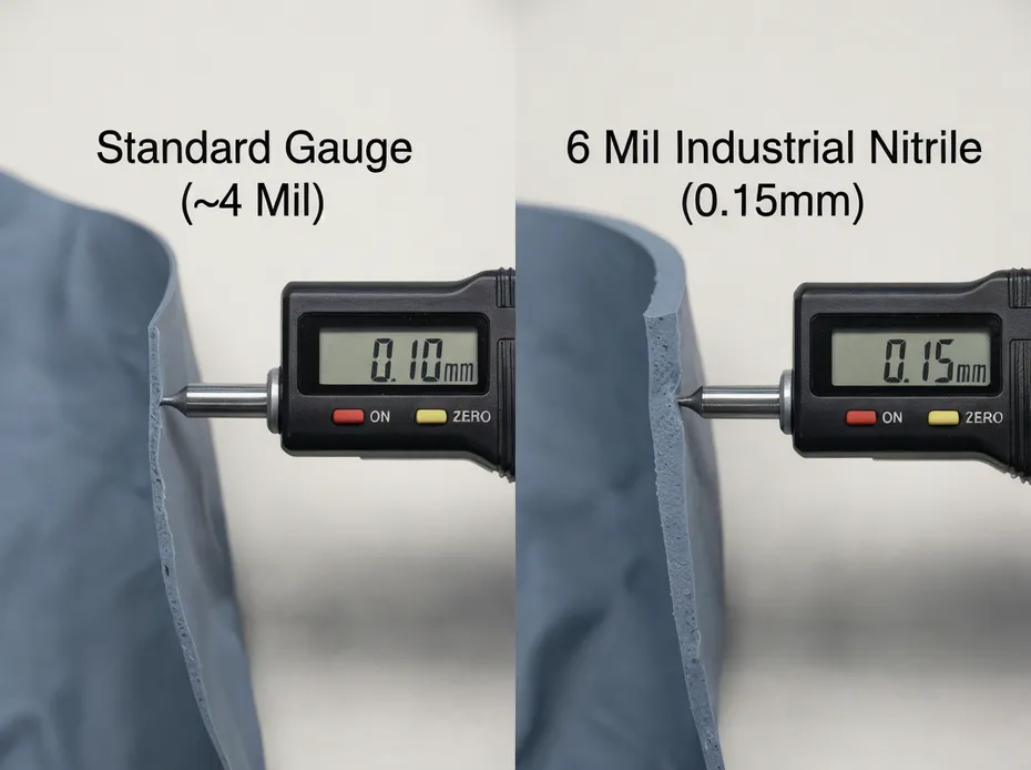 Cross-section showing 6 mil nitrile glove wall thickness compared to standard gauge