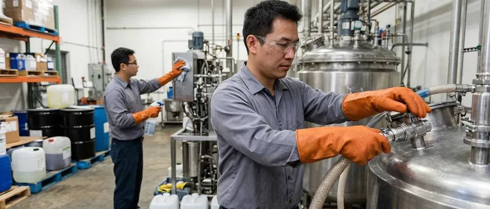 Chemical handling and industrial cleaning workers using 6 mil nitrile gloves