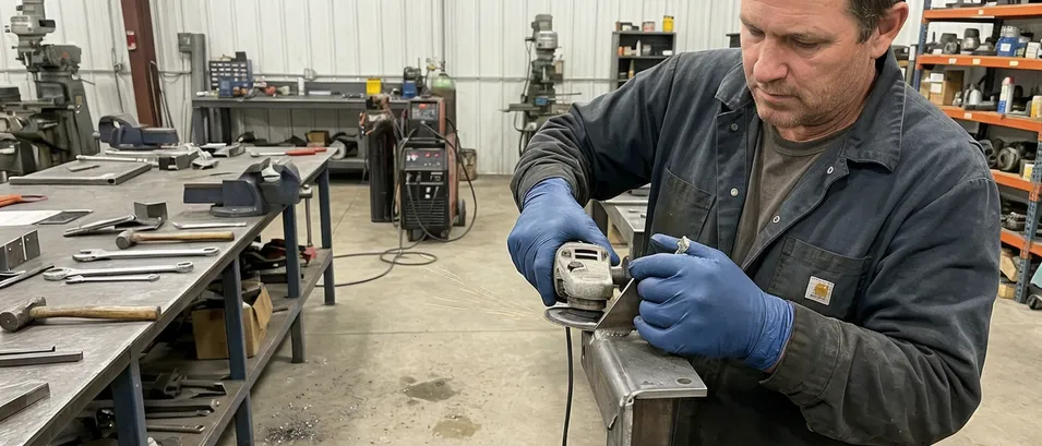 Metalworking and automotive repair technician using heavy-gauge nitrile gloves