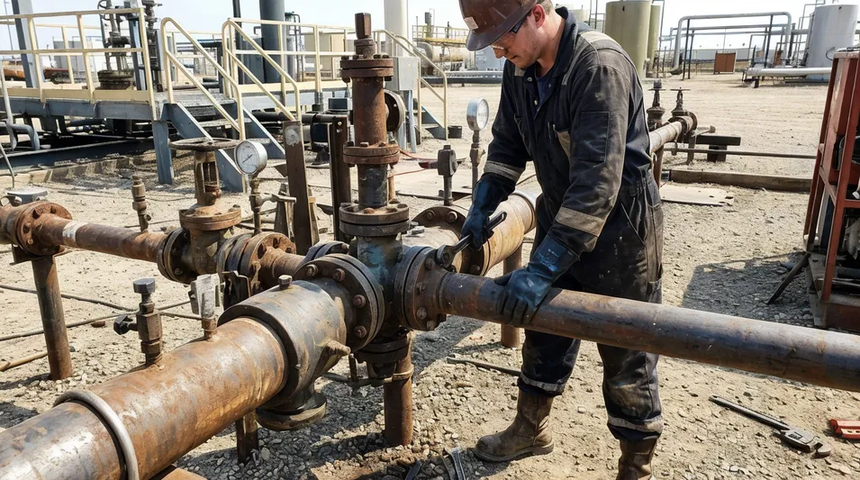 Oil and gas field services worker using 6 mil nitrile gloves for hydrocarbon exposure