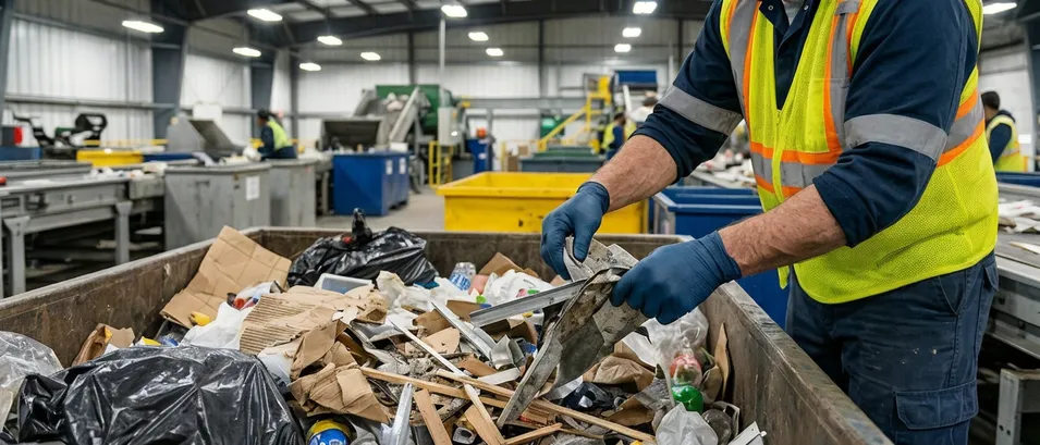 Waste management and janitorial worker handling unknown waste streams with 6 mil nitrile gloves
