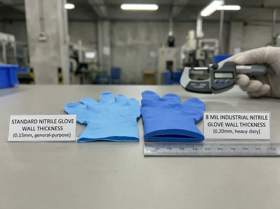 Cross-section comparison of 8 mil vs standard nitrile glove wall thickness