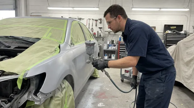 Automotive body shop technician wearing 8 mil powder-free nitrile gloves applying primer